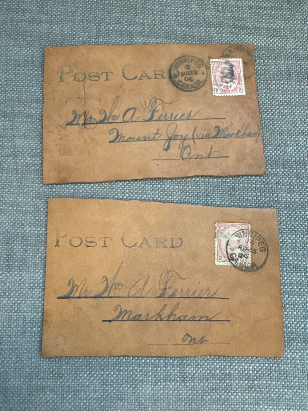 Antique 1906 Leather Post Card Lot - Winnipeg Canada - Including Original Stamps